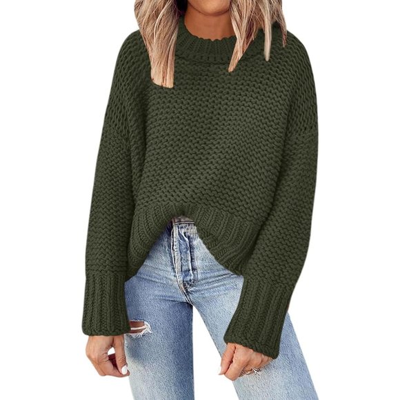 Women's Crewneck Chunky Knit Batwing Long Sleeve Loose  Pullover Sweaters Tops - Picture 1 of 6